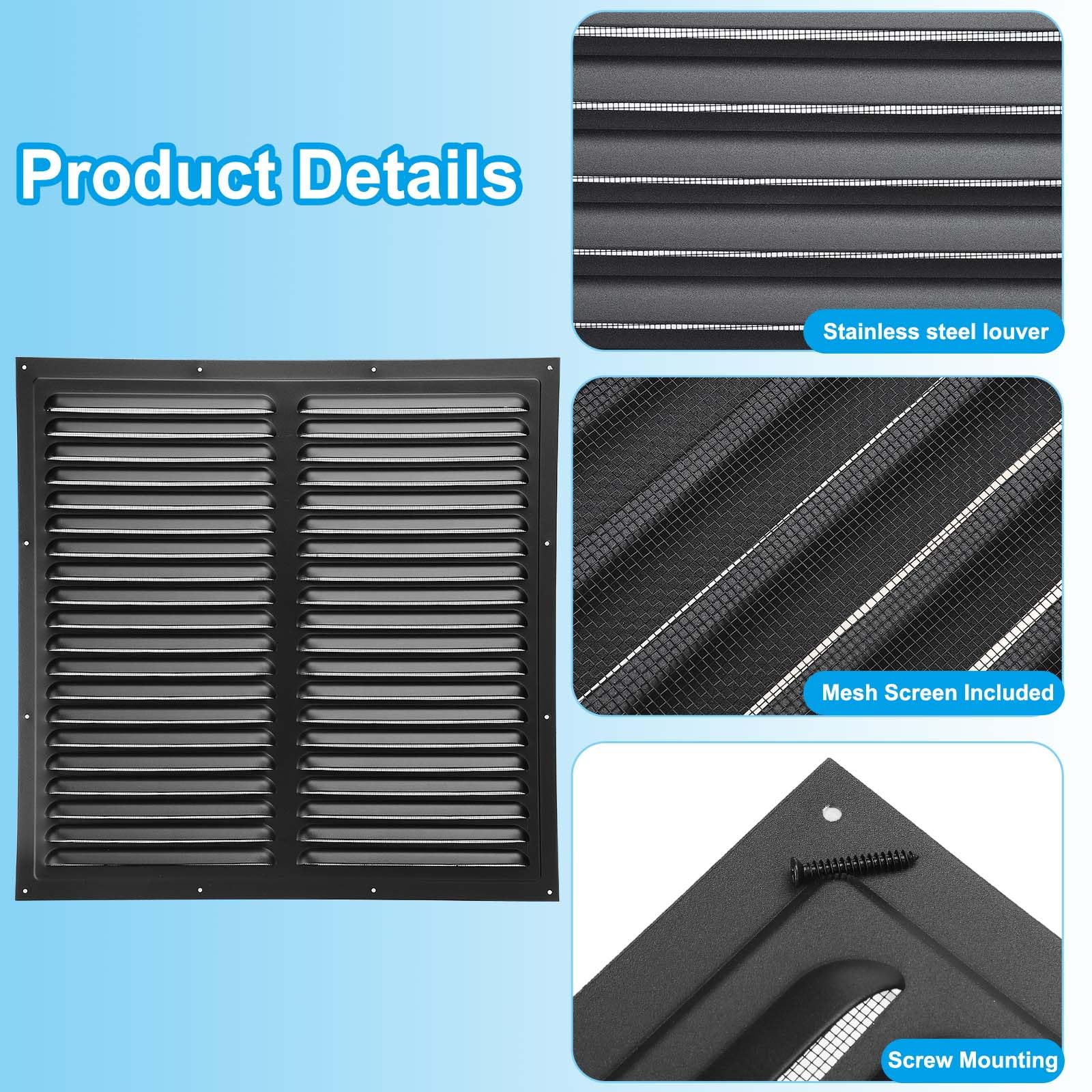 PATIKIL 16"x16" Aluminum Gable Vent, Exterior Wall Outlet Vent Square Soffit Vent HVAC Louver Air Grille with Built-in Screen for House Attic Garage Ceiling, Black - Image 3