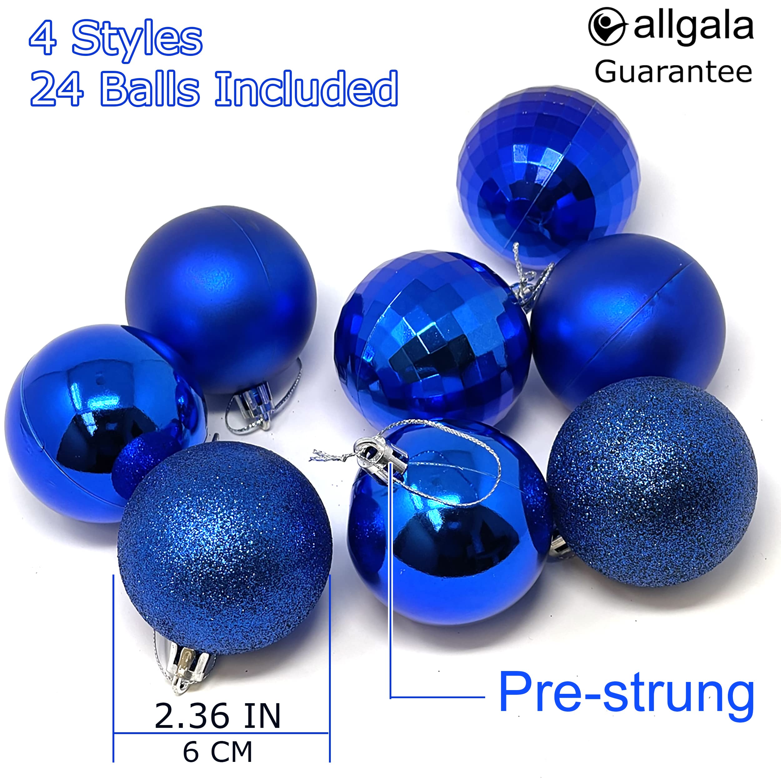 allgala Christmas Balls 24 PK 2.33 Inch (6CM) Pre-Strung Shatter Proof Christmas Ornament Balls for Xmas Tree-4 Style-Royal Blue