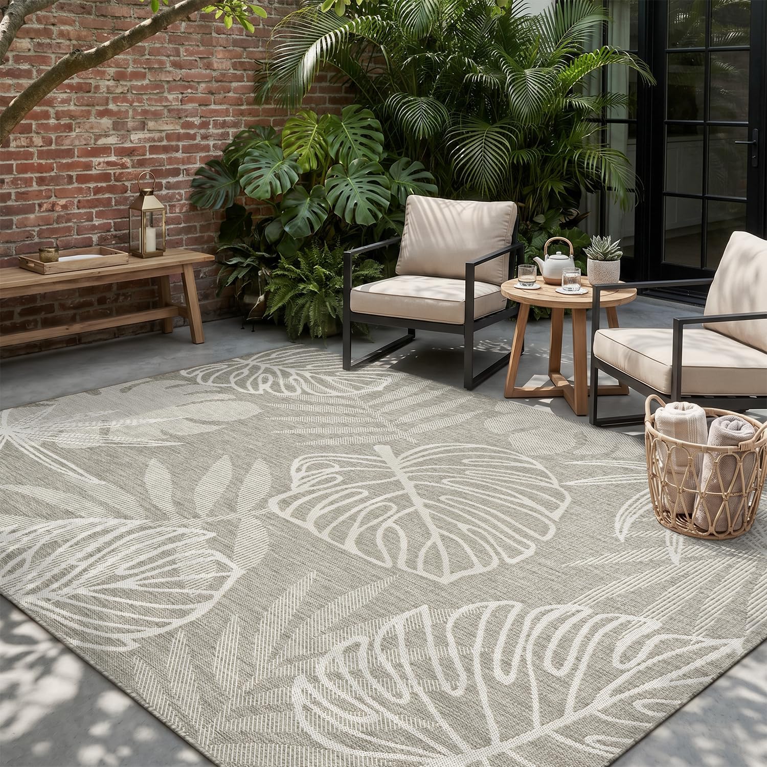 -Outdoor Rug-Patio Rug 5x7 ft Polypropylene Indoor Outdoor Rugs Outdoor Carpet for Patio Deck Balcony Porch, Textured Weave, Durable for High Traffic, Fade-Resistant, Tropical Silver Grey