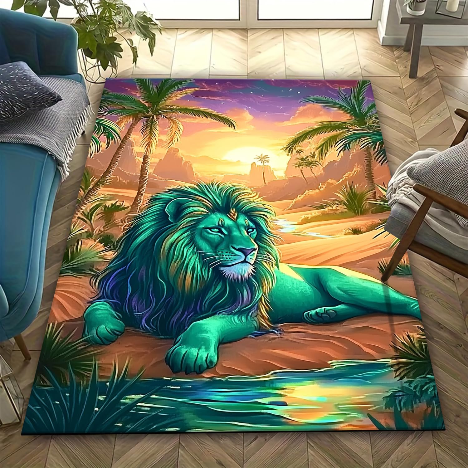 Tapis antidérapant facile à nettoyer grand salon motif lion 3D