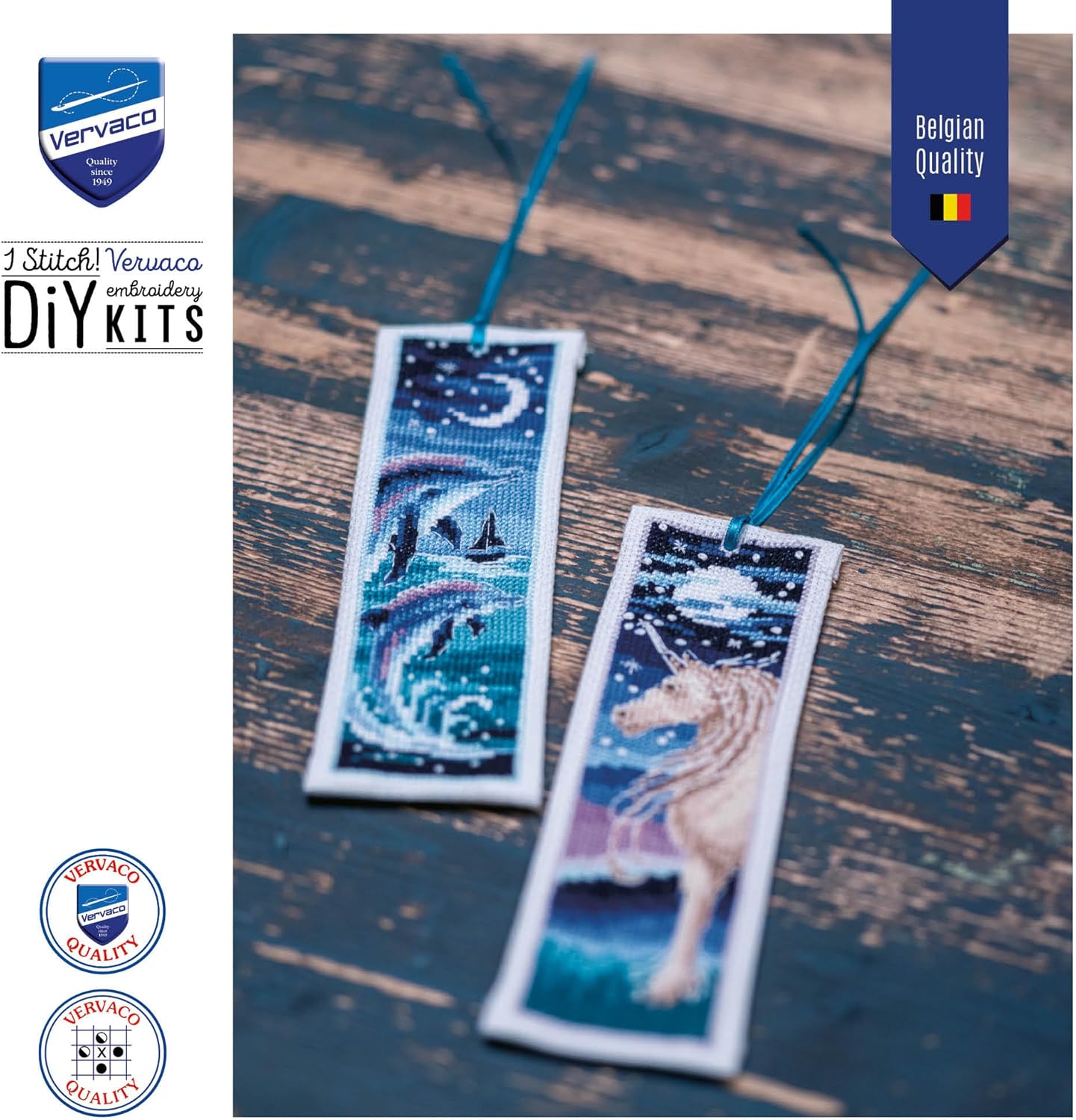 Vervaco Bookmark Counted Cross Stitch kit Dolphin and Unicorn Set of 3, 6x20cm, DIY