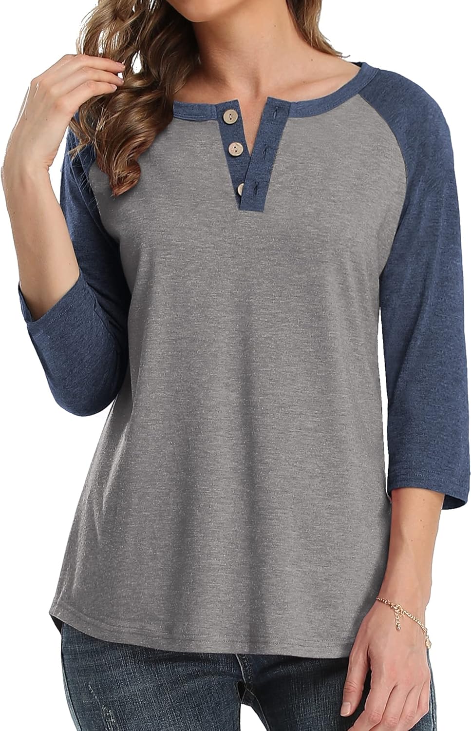 3/4 Sleeve Shirts for Women Crewneck Button Down Tunic Tops Raglan T Shirt Navy XXL