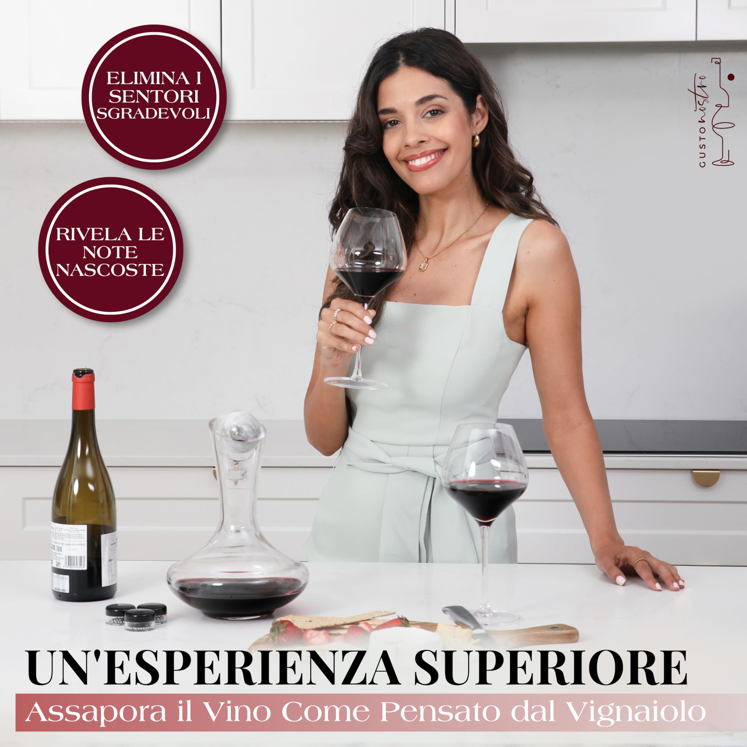 Gusto Nostro Decanter Vino in Cristallo con Tappo in Marmo – Caraffa Vino in Vetro Soffiato Senza Piombo per Vini Rossi – Decanter da 750 ml con Tappo in Pietra Naturale – Design Elegante Inclinato