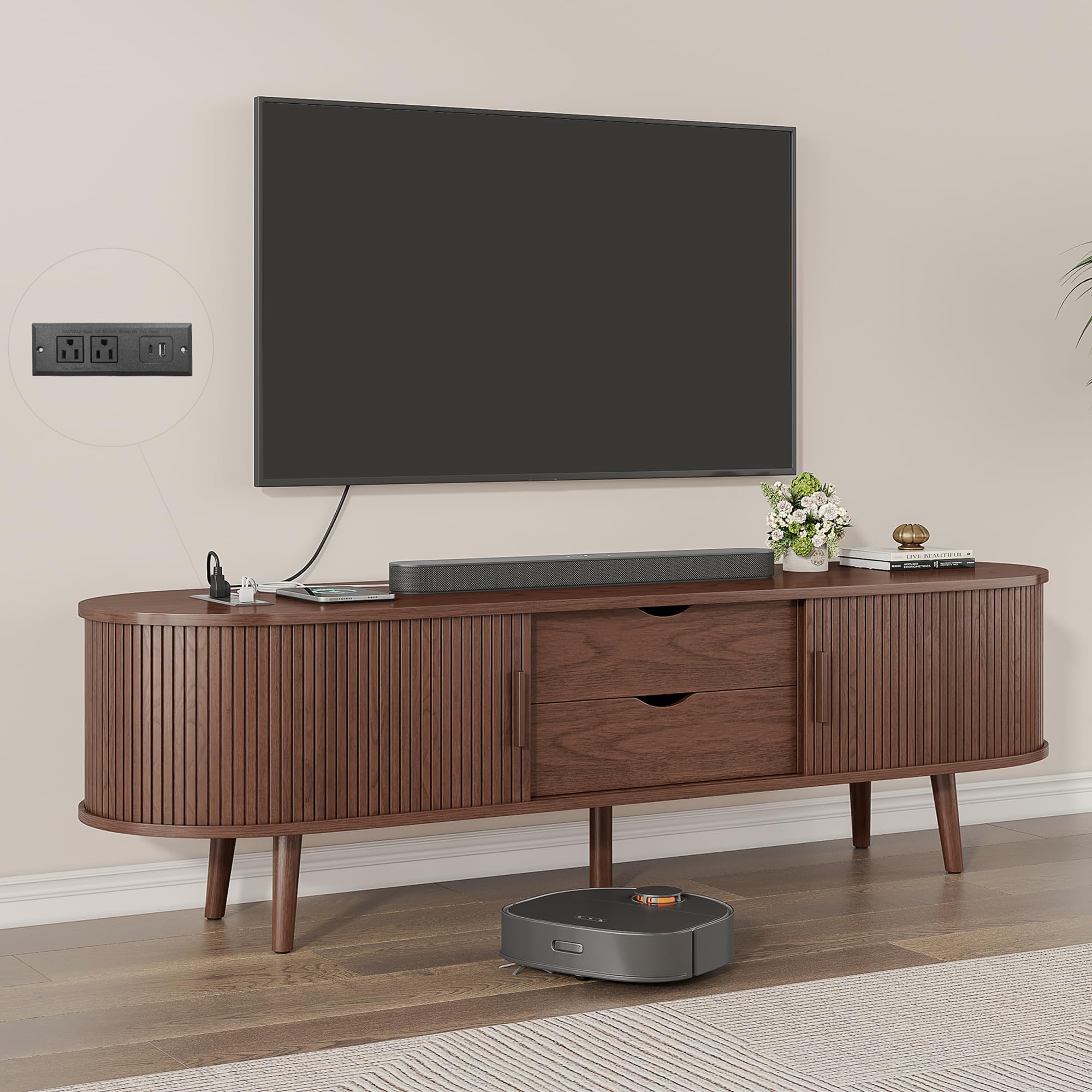 Alohappy 59" Mid Century Modern TV Stand with Power Outlet, Curved Edge Fluted TV Media Console Table with Drawer and Shelf, Farmhouse Entertainment