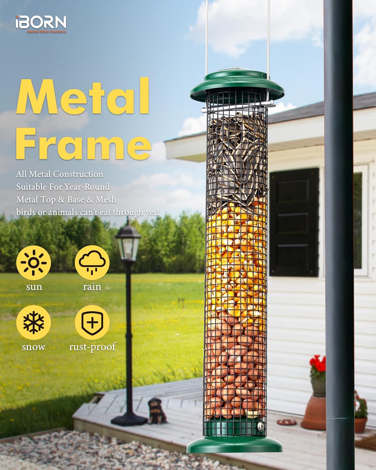 iBorn Metal Peanut Bird Feeder for Outdoors - 14" Peanut & Sunflower Seed Feeder, Hanging Metal Mesh Mixed Seed Bird Feeder with Easy-Clean Design for Woodpeckers, Jays, Titmice,Green