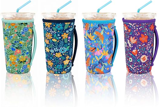 4 Pack Iced Coffee Sleeve,reusable Neoprene Cup Sleeves Suitable For Beverage Sleeves For Hot And Cold Coffee Or Ice Drink Coffee cup sleeve for Starbucks coffee cup flowers 30-32 OZ