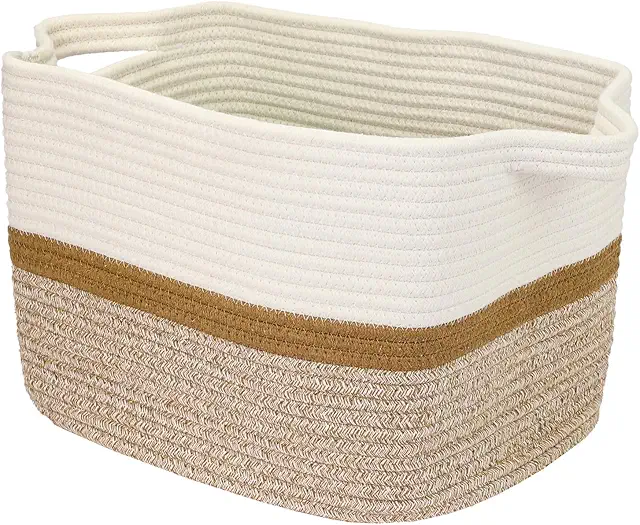 HMF Cotton Storage Basket with Extended Handles | White Brown | Korg med Handtag