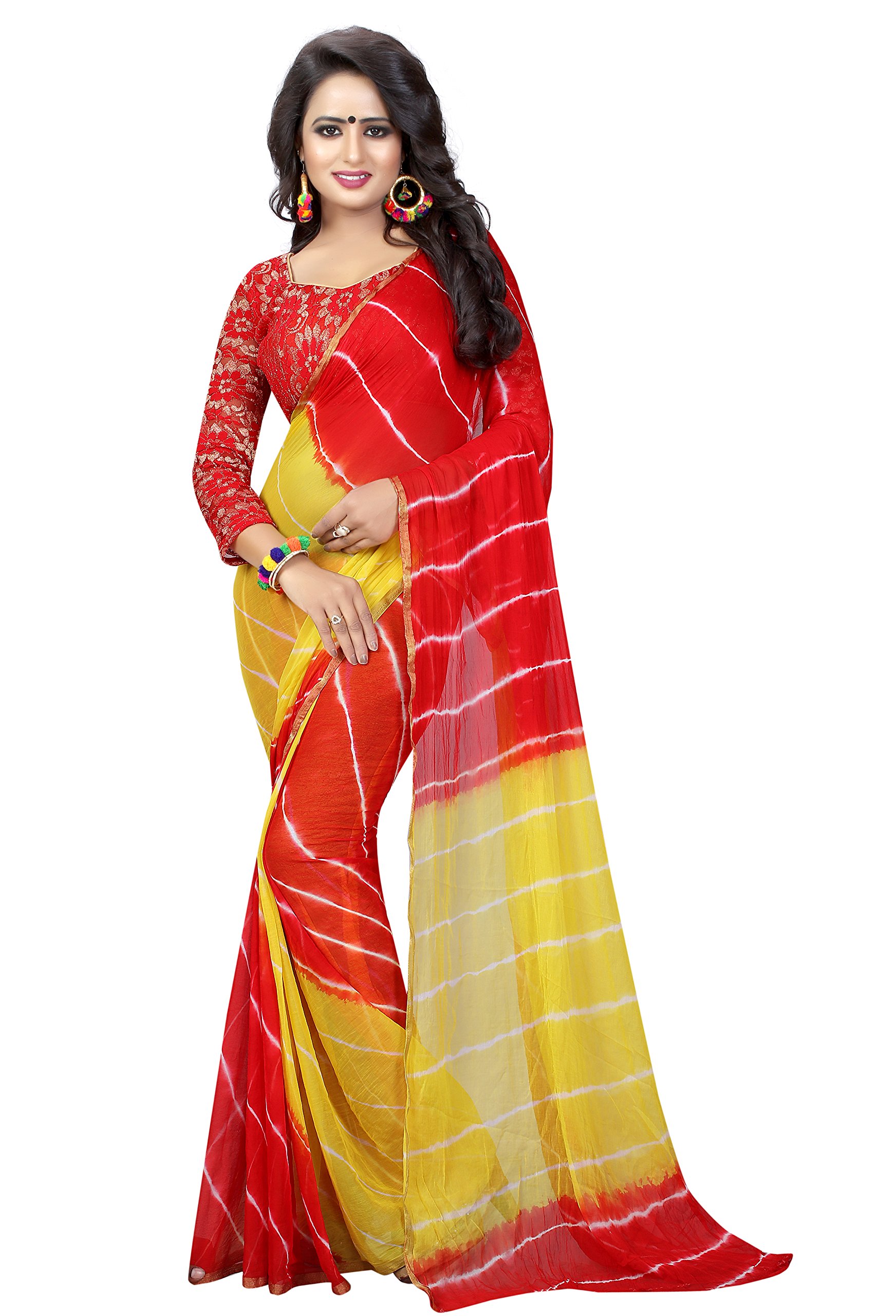 Women`S Party Wear Chiffon Lace Border Saree With Unstitched Blouse Piece (Red & Yellow)