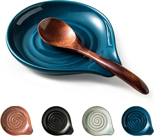 Soporte para cucharas, soporte de cuchara de cerámica para encimera de cocina, cocina de granja, soporte grande para utensilios para cucharas, Azul