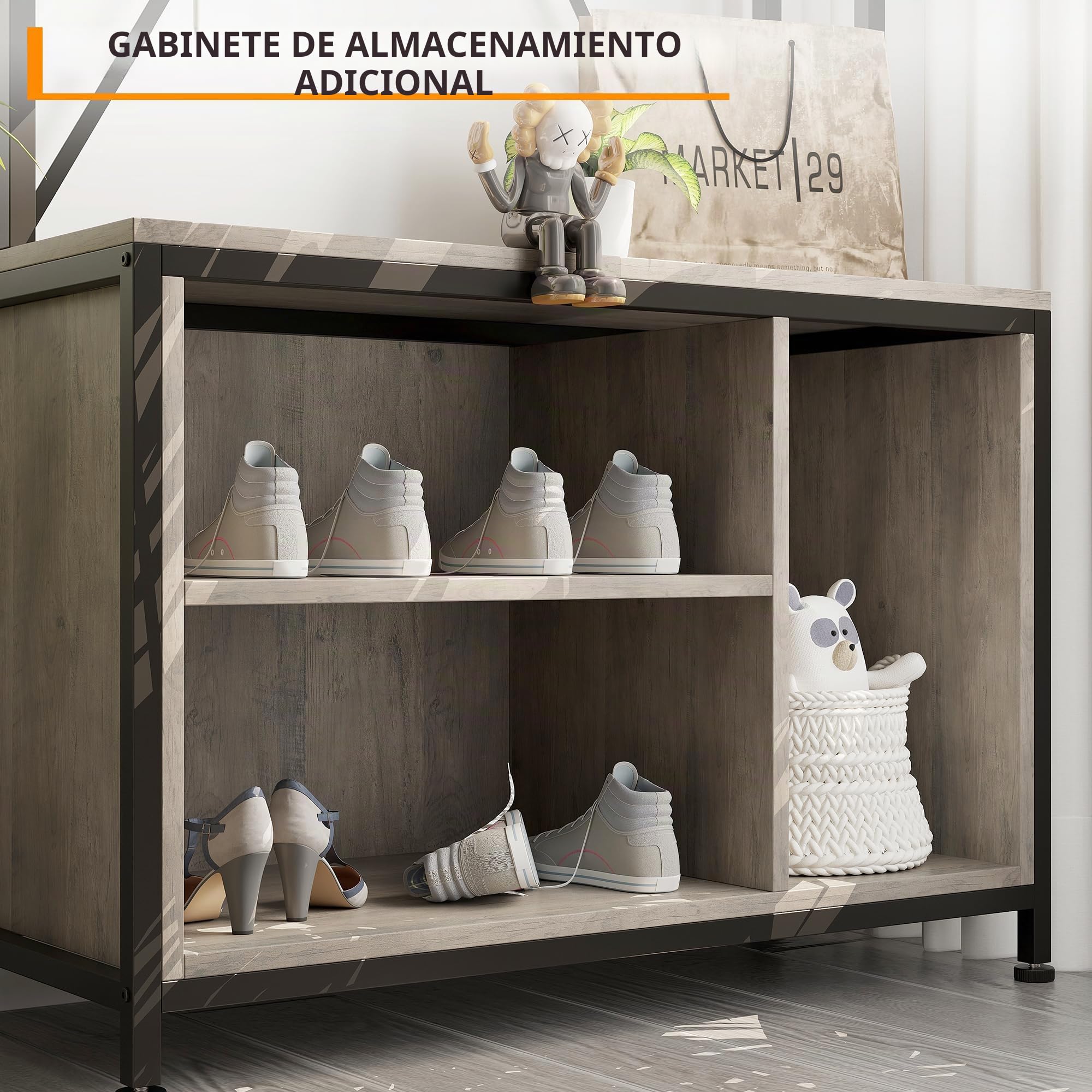 Garvee Perchero Recibidor Con Banco y Zapatero, Mueble Entrada Industrial De Madera y Metal, Organizador Con Estante y Ganchos, Perchero Independiente De Pie Para Entrada y Pasillo, Gris