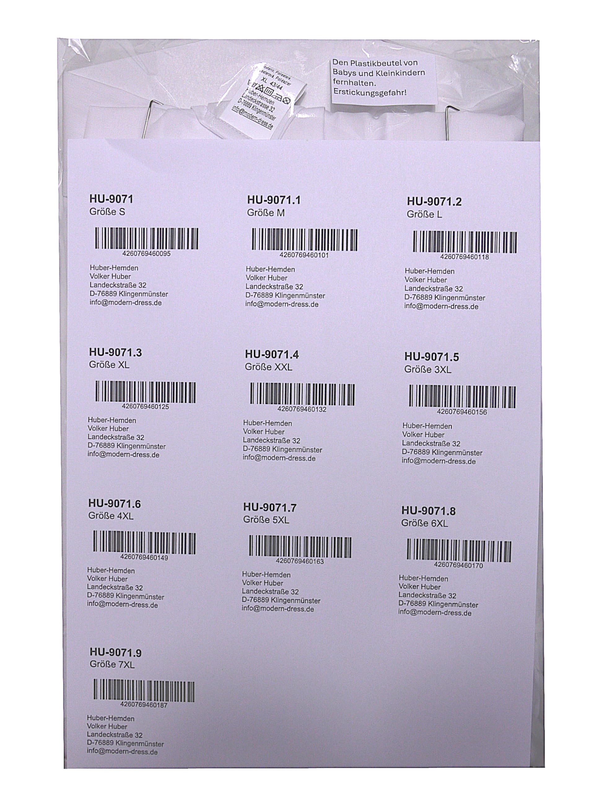 HUBER Stehkragenhemd Weiss oder schwarz Asia Kragen Regular HU-9071-HU-9072