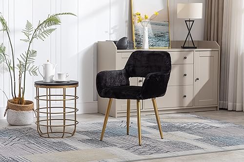 Miniatura 6 de Goujxcy Silla de tocador de piel sintética, silla de escritorio peluda negra para niñas adolescentes, cómoda silla con brazo decorativo con patas de