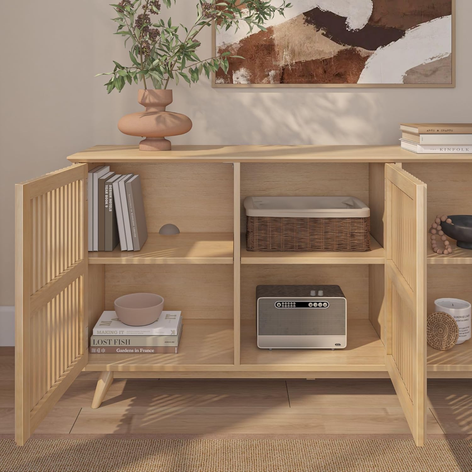 Plank+Beam Mid-Century Modern Wood TV Stand, Three Door Solid Wood Entertainment Console with Storage, 59" L x 16" W x 30" H, Blonde