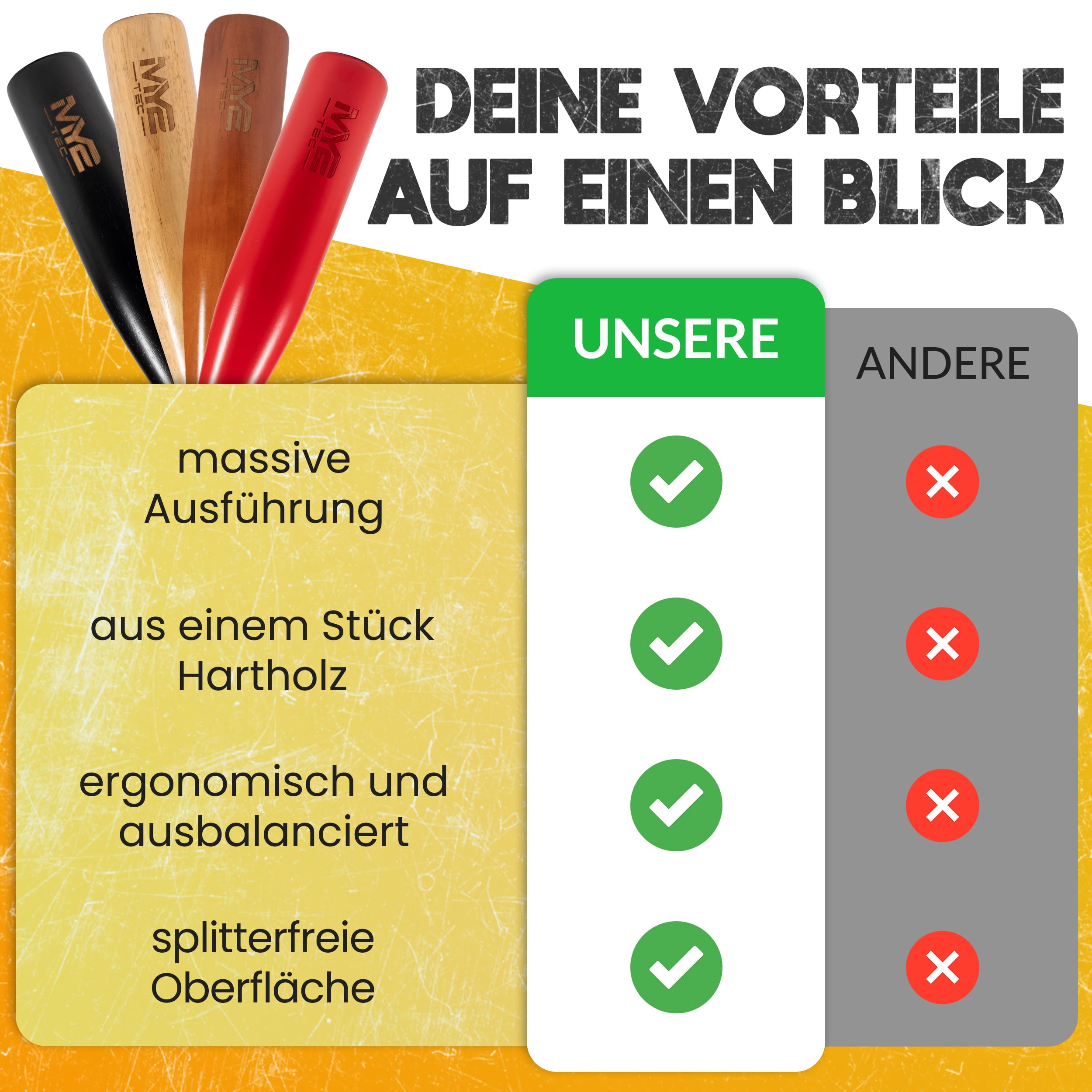 Oramics Baseballschläger Holz 18 Zoll (48 cm) – Robuster Massivholz Baseball Bat mit Handschlaufe & Tragetasche – Outdoor Schläger für Training, Sport & Freizeit