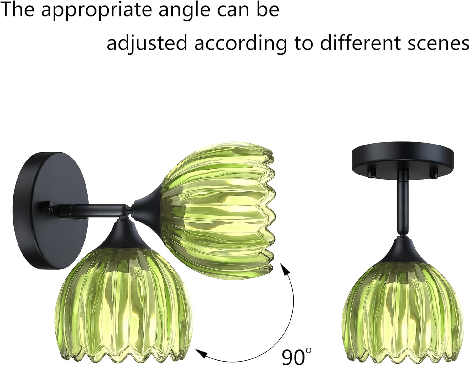 2 Pack 1 Light Vintage Wall Sconces Tulip Dark Green Glass Lampshade Hradwired Modern Black Wall Lighting Fixture for Bedside Bedroom Doorway