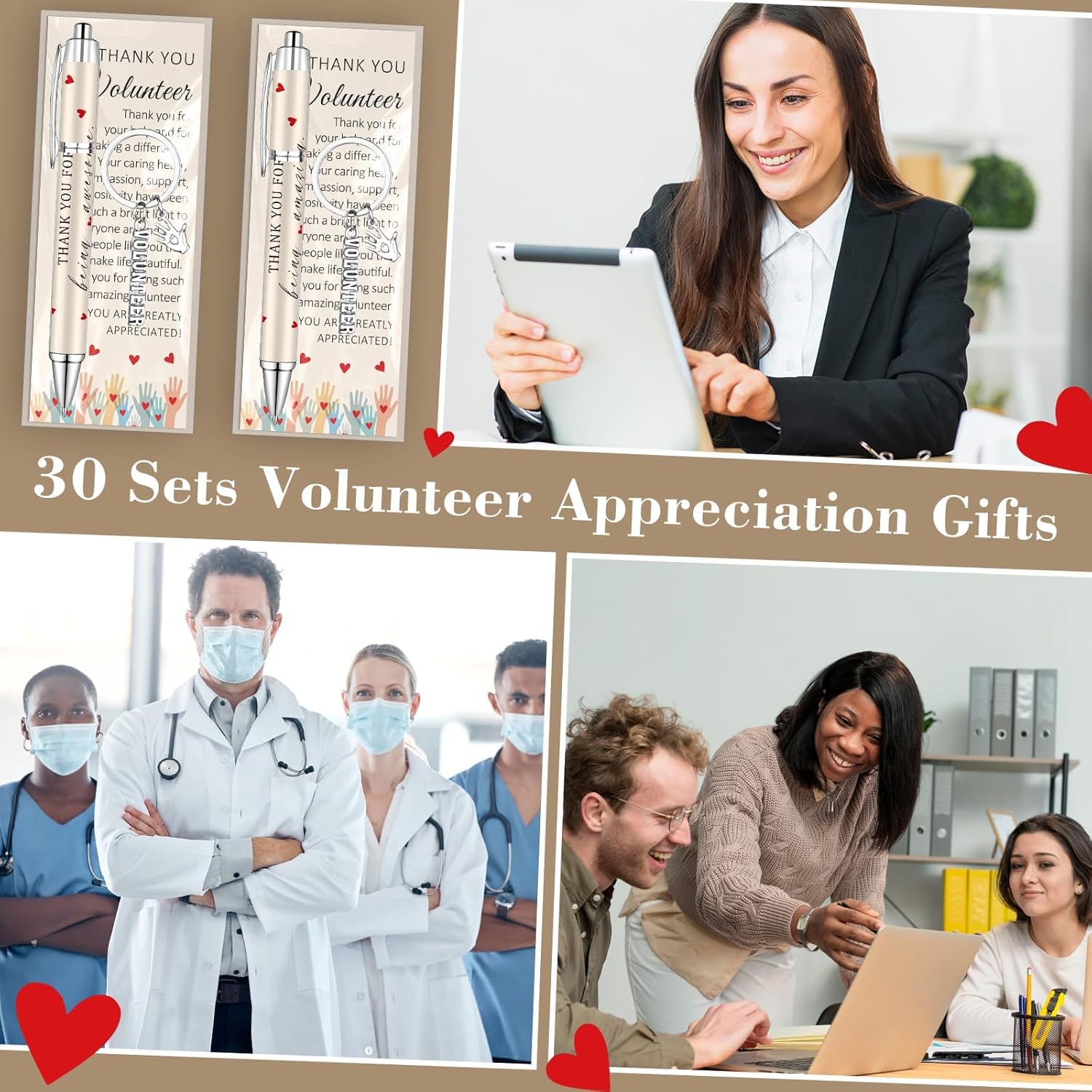 30Sets Volunteer Appreciation Gifts Including 30 Volunteer Ballpoint Pens 30 Volunteers Keychains 30 Appreciation Cards and Bags Thank You Gift for Social Worker Coworkers Teacher Volunteers Charity