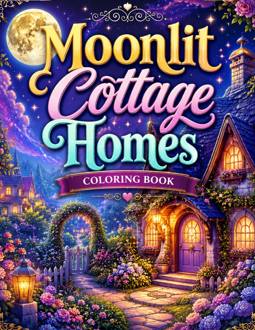 Moonlit Cottage Homes Coloring Book: Cozy Fantasy Coloring Book Featuring Magical Fairy Cottages, Mushroom Houses, Pumpkin Homes, Flower Castles, ... Stress Relief, Relaxation and Creative Escape