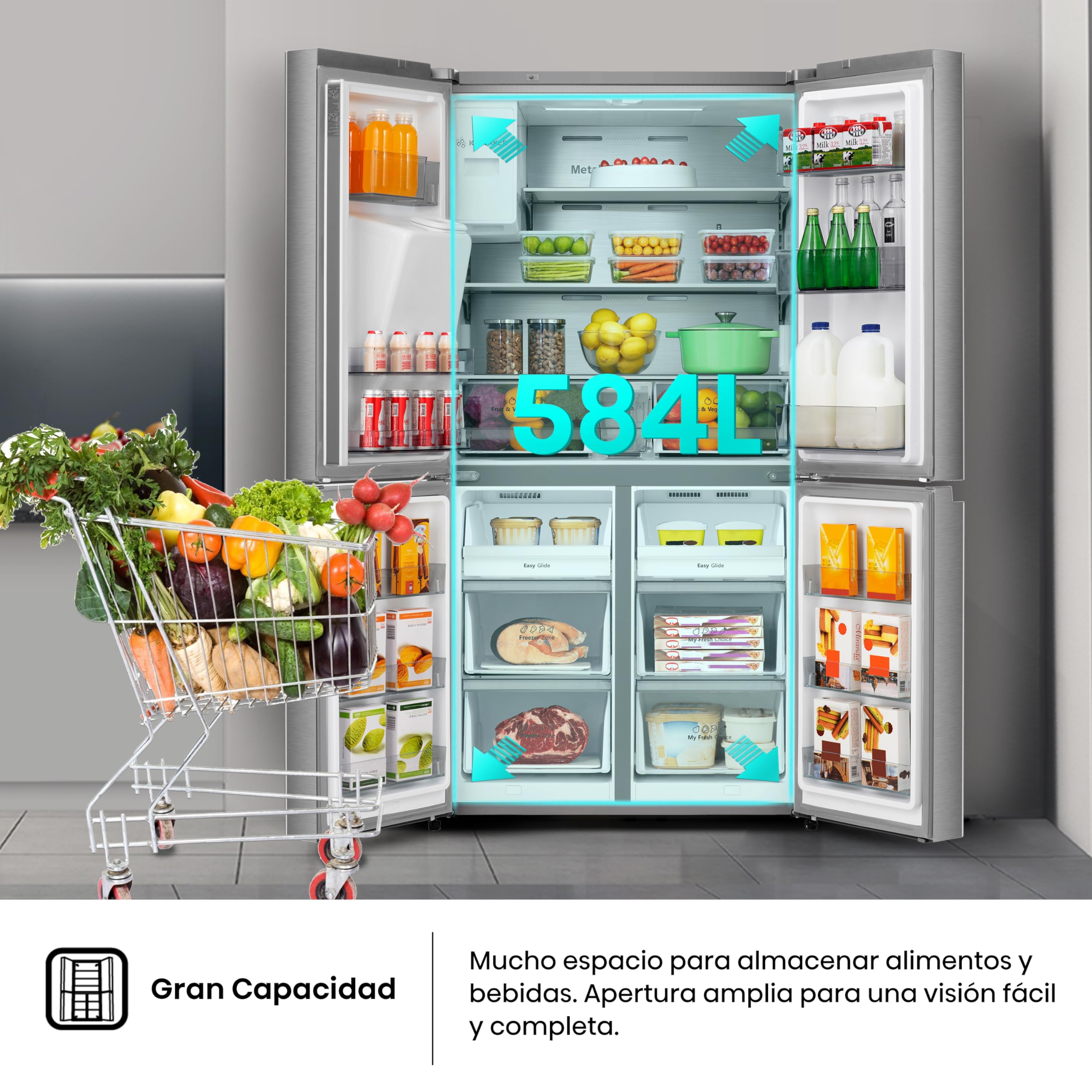 Hisense RQ760N4SASE - Frigorífico Americano Cuatro Puertas, No Frost, Puerta Cajón Frances, Total No Frost, Capacidad Neta 584 L, 1.78 m,Silencioso, Inox