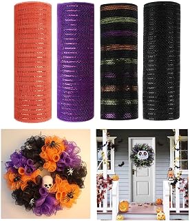 4 Rolls Deco Mesh Ribbon for Halloween Fall Wreath Making Supplies | Metallic Pink Green Blue Purple Poly Deco Mesh Fabric,Easter Spring Garland Mesh Ribbon Wreath Swag Crafts,10Inch x 30Ft/roll