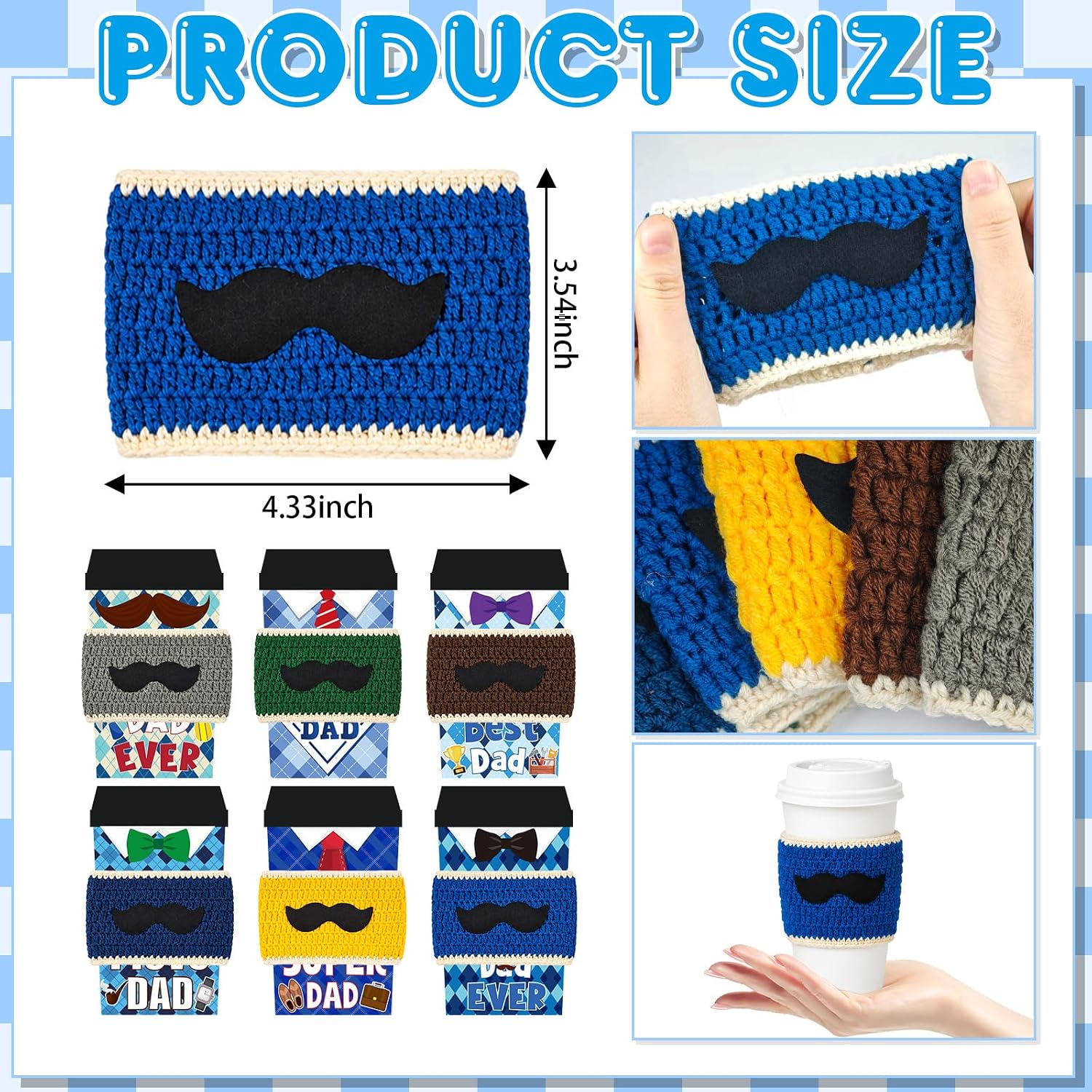 Cinrobiye 6 Pack Father's Day Coffee Lover Set, Crochet Coffee Cup Sleeves with Appreciation Cards, Reusable Knit Cup Cozies for Father, Grandpa, Husband, Family Celebrations