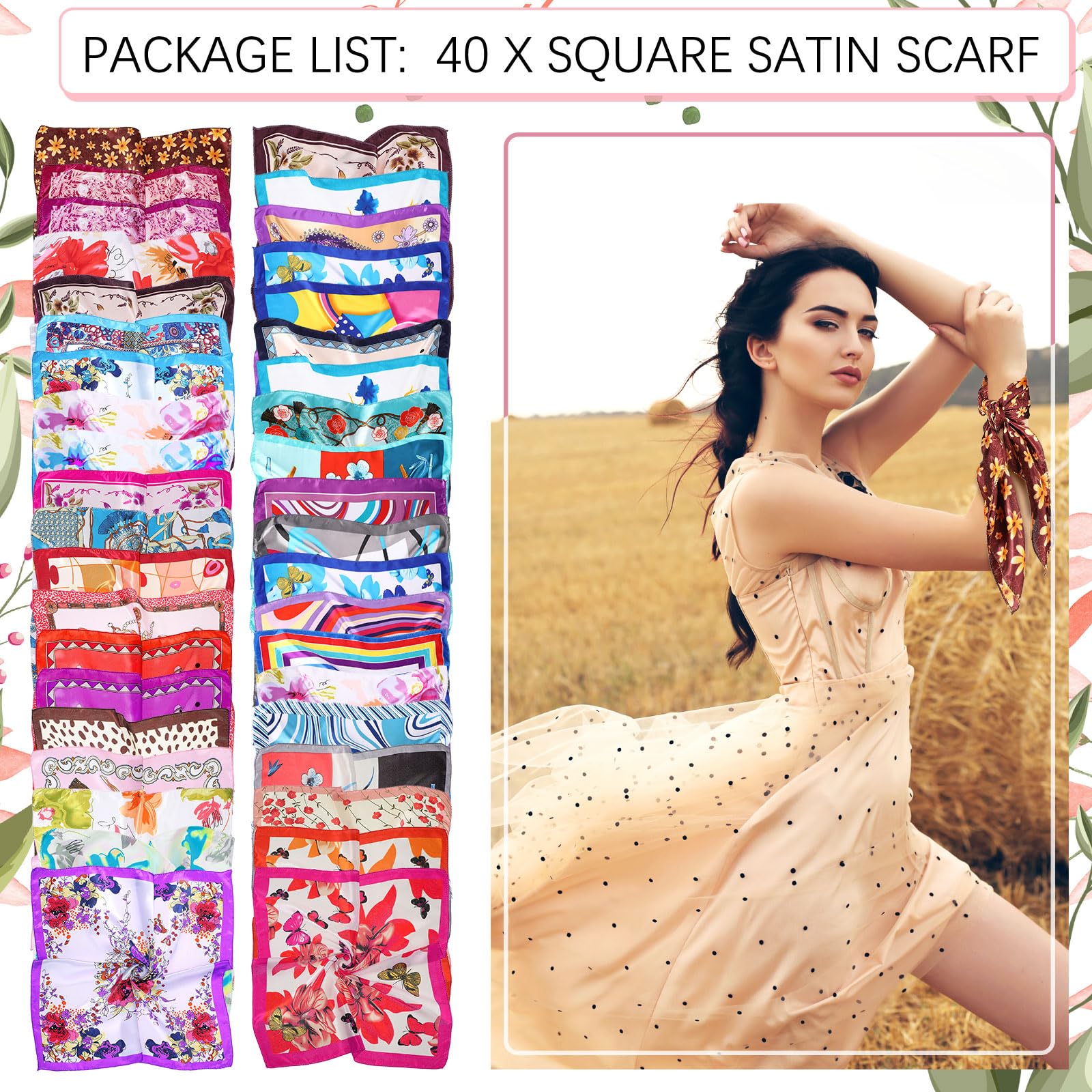 Handepo Lot de 40 foulards carrés en satin pour femme - Couleurs mélangées - 50 cm