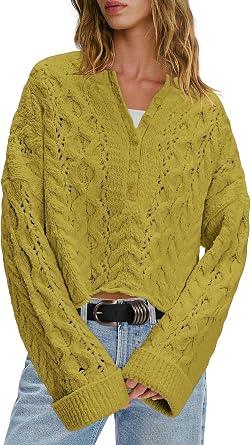 LAMISSCHE Womens Cable Knit Sweater Oversized Bell Sleeve Fall Sweaters | Cropped Sweater, Button Up Sweater, Crochet, Cozy Warm, Long Sleeve Pullover Sweaters, Winter Sweaters