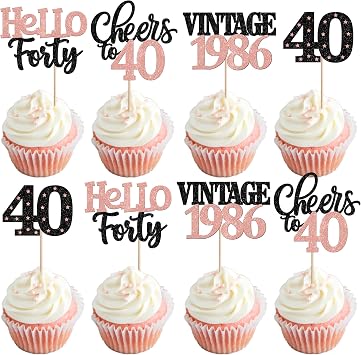 24 PCS Happy 40th Birthday Cupcake Toppers Star 40 Hello Forty Vintage 1986 Cupcake Picks Cheers to 40 Years Decorations for him 40th Birthday Anniversary Party Cake Decorations Supplies Rose Gold