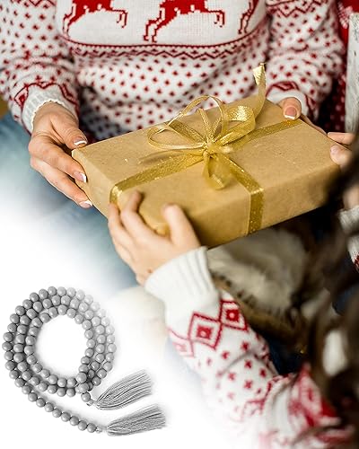 Miniatura 7 de Guirnalda de cuentas de madera con borlas, guirnalda de cuentas de madera gris de 61 pulgadas, decoración moderna de granja, decoración bohemia para