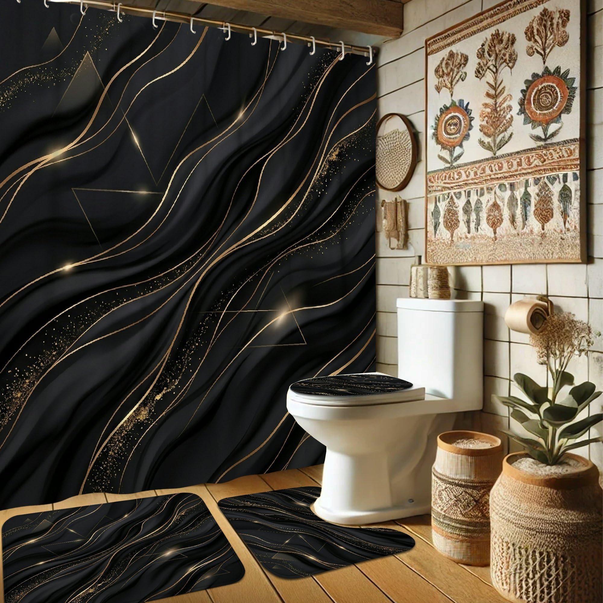 Rideau de douche imperméable anti-éclaboussures tissu noir vagues triangles dorés