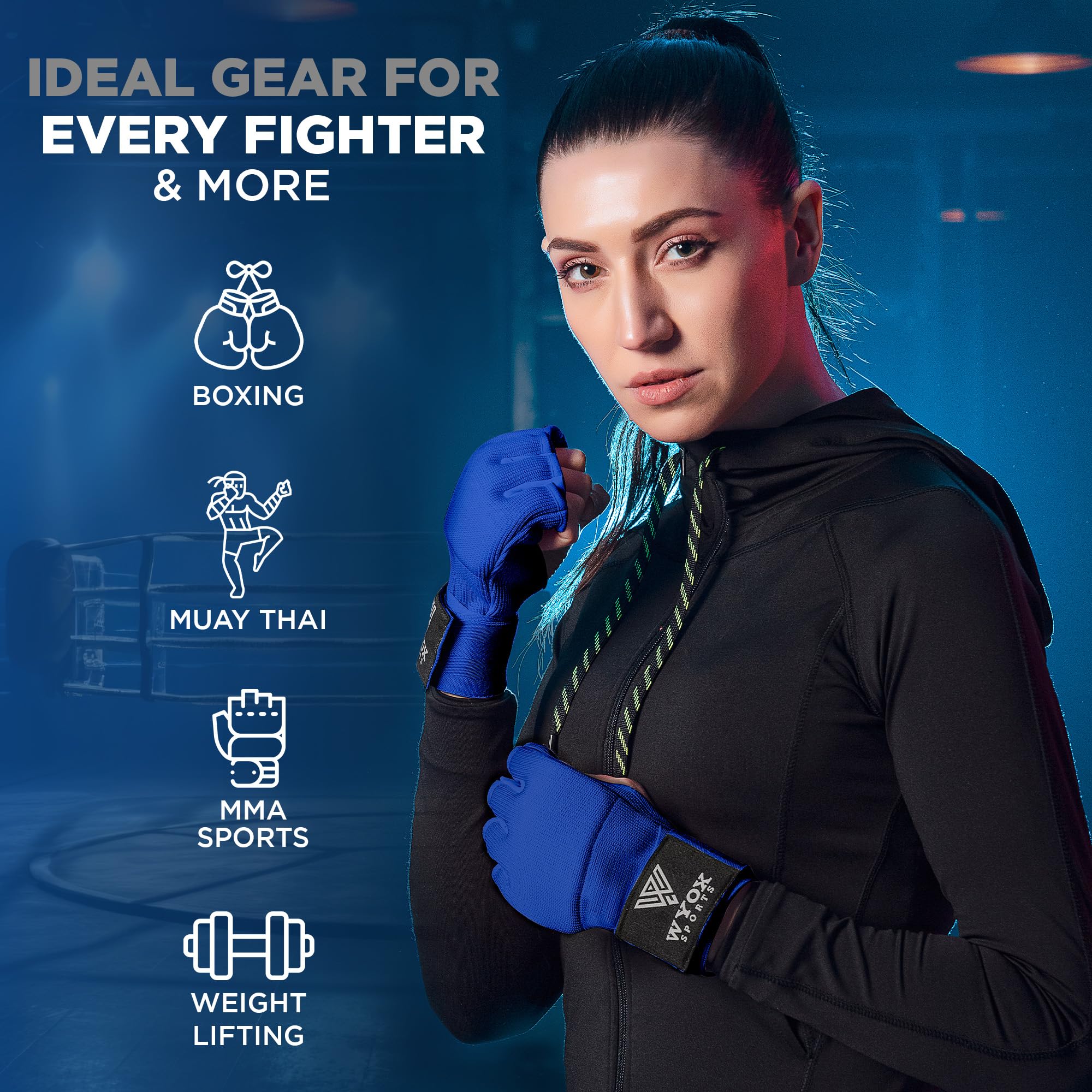 WYOX Guantes interiores de boxeo de gel para hombres y mujeres, correa de muñeca rápida de 80 cm, soporte acolchado para nudillos, sin dedos, artes marciales mixtas, Muay Thai, kickboxing, para