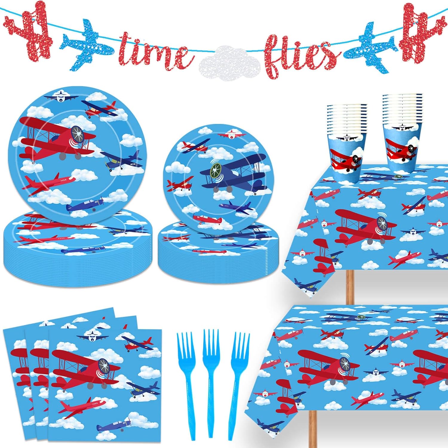 4 Pieces Airplane Birthday Party Tablecloth 54'' x 108'' Airplane Aircraft Table Covers for Aviation Theme Boys Baby Shower 1st 2nd 3rd 4th Birthday Party Table Supplies Decorations Favors