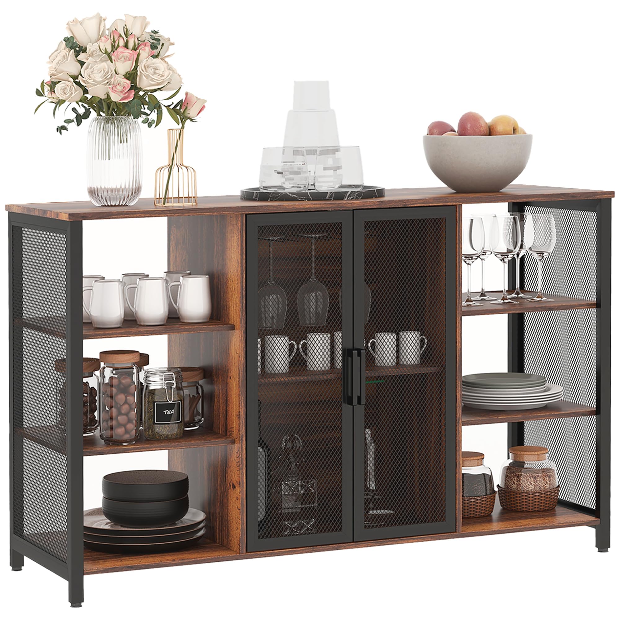 HOMCOM Aparador de Cocina Industrial con 6 Estantes Marrón Rústico | Mueble Buffet Auxiliar, Estante Ajustable, Porta Copas, para Bar, Comedor 120x40x76 cm,