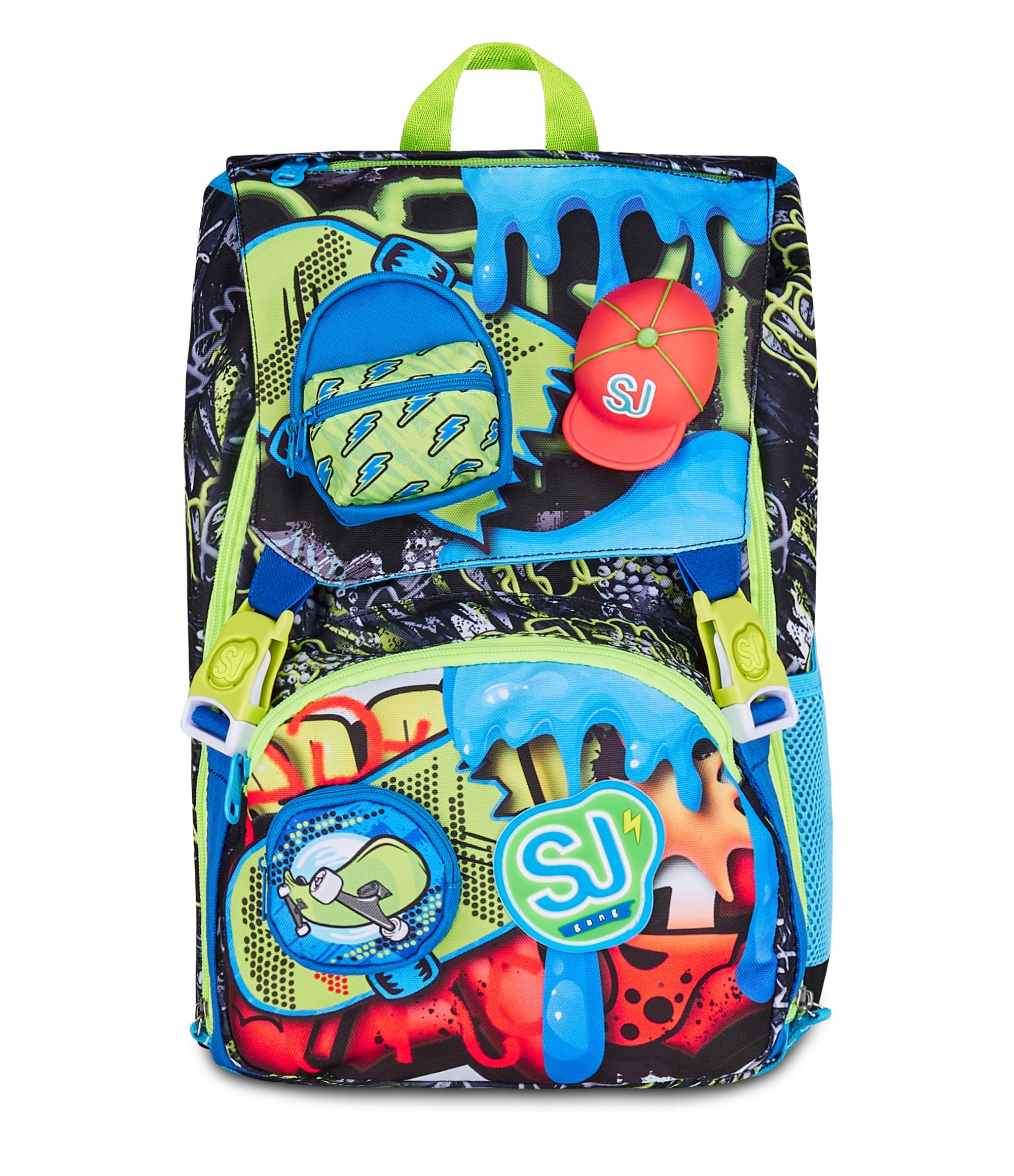 SJ GANG STYLE JAM GANG Zaino Scuola Estensibile SOFT POUCH BOY, Nero, 24L, Zip Laterali, Applicazione cappellino in silicone, Tasca frontale, Tasca portaborraccia, Scuola elementare, Bambino