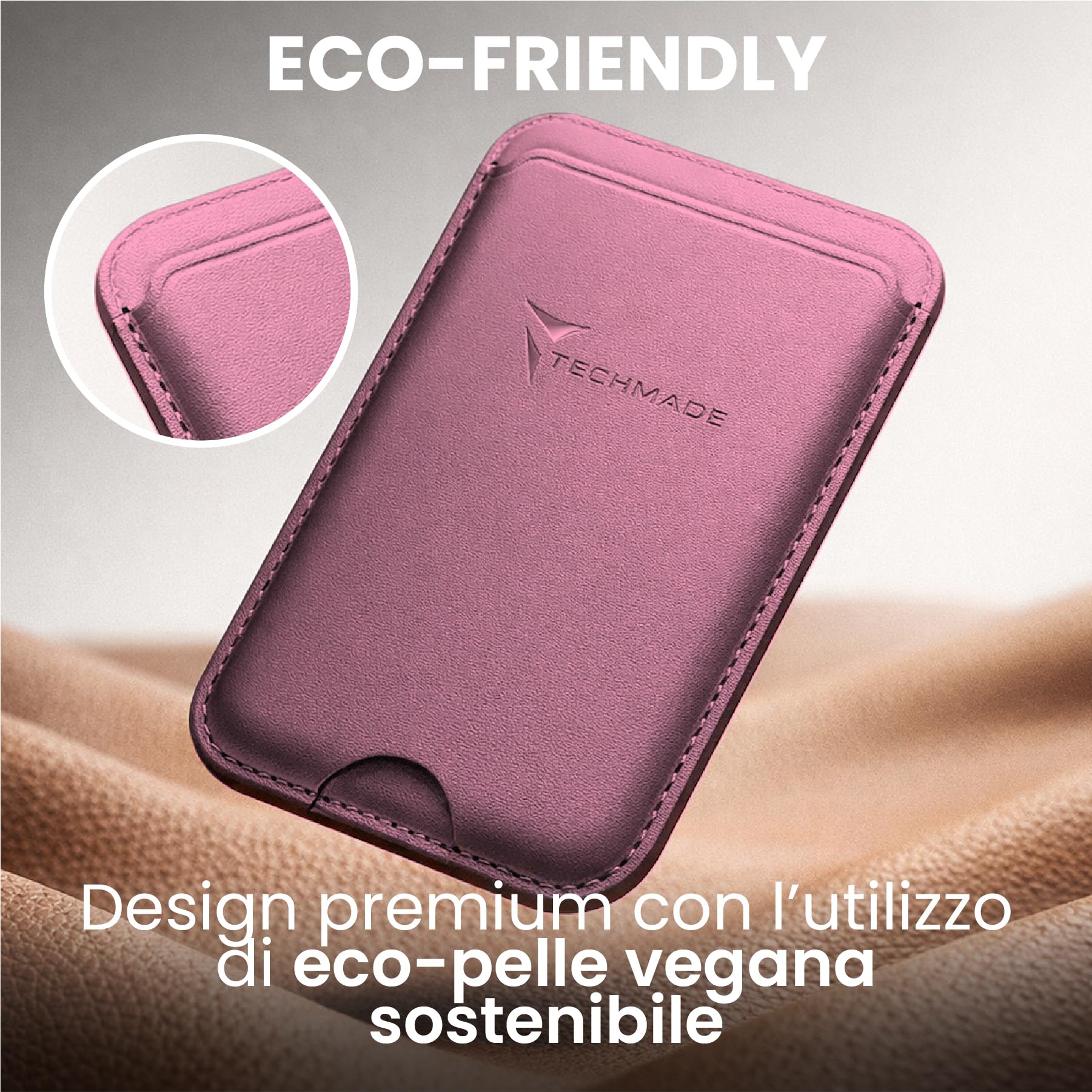 TECHMADE Portacarte MagSafe Compatibile per iPhone, Anello Adattatore Incluso - Spazio per 3 Carte o Contanti, Sistema di Estrazione Rapida - Blocco RFID, in Eco-Pelle Vegana (fucsia)