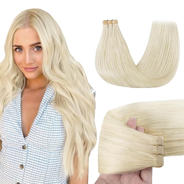GOO GOO Tape in Hair Extensions Human Hair, 60A Platinum Blonde, 24inch 50g 20pcs, Skin Weft Seamless Invisible, Silky Straight with Thick Ends, Remy Human Hair