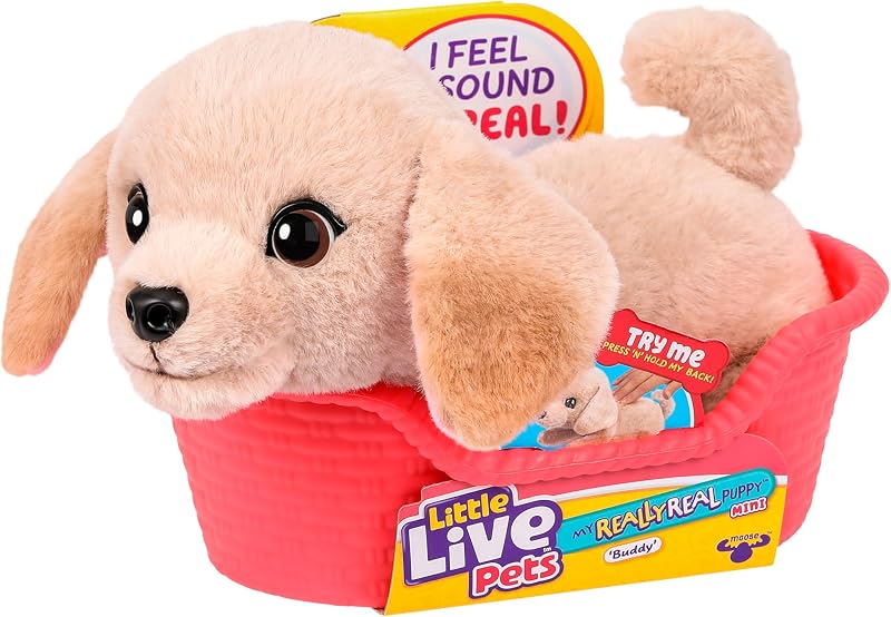 Little Live Pets My Really Real Puppy Mini Buddy the Retriever, juguete de peluche interactivo con cesta, más de 20 sonidos y reacciones, juguetes para cachorros para niños
