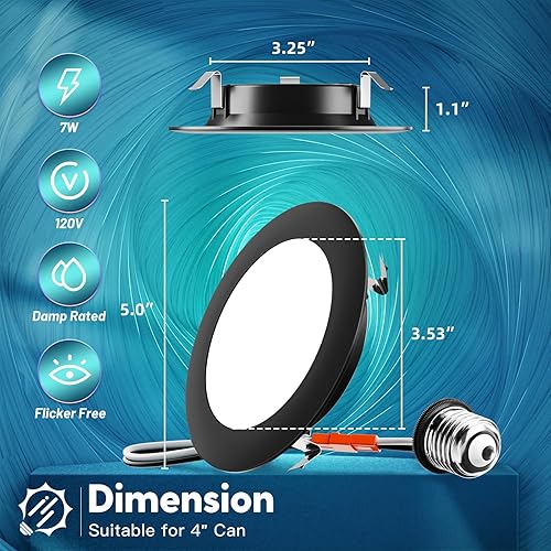 Miniatura 8 de Paquete de 24 luces LED empotrables de 4 pulgadas, seleccionables 5CCT, luces LED planas regulables, 7 W, 700 lm, certificado ETL y FCC