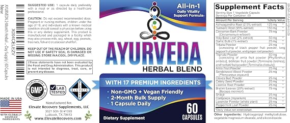 Ayurveda Herbs 17-in-1 Supplement (2-Month Supply) | Mind & Body Balance | Ayurvedic Health Support Blend | Ayurveda Supplements | 60-Day Bulk Supply | 60 Capsules