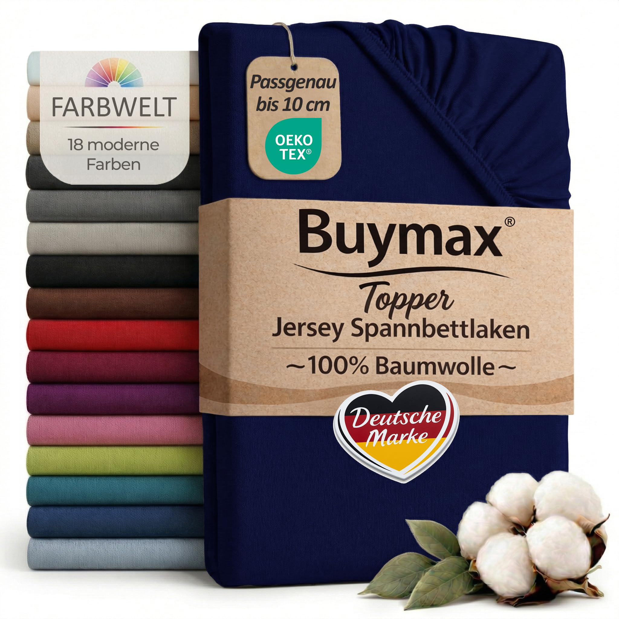 Buymax Jersey Topper Spannbettlaken aus 100% Baumwolle – Spannbetttuch für Topper bis 10 cm Höhe (18 cm Steg), atmungsaktiv, elastisch, Oeko-TEX