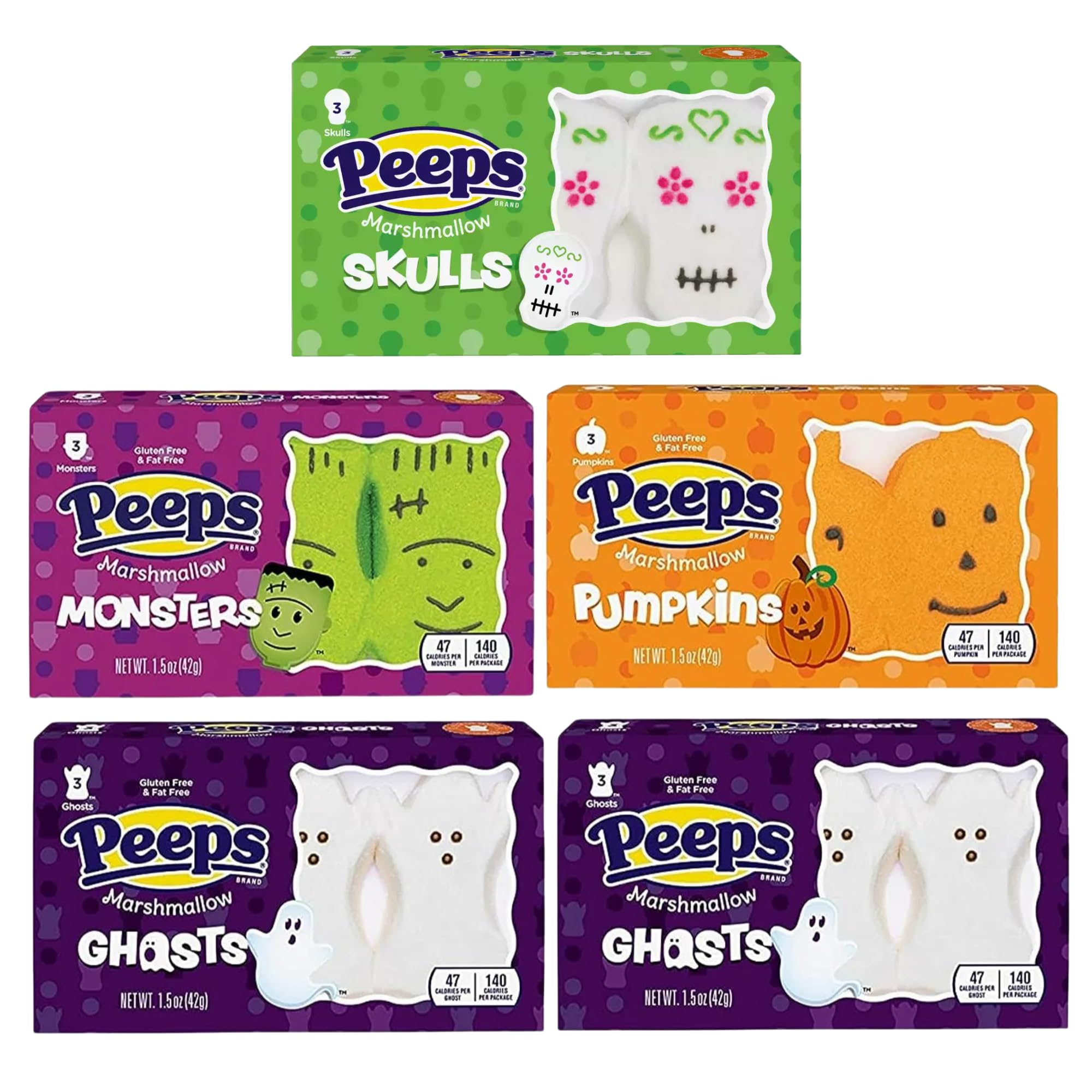 Peeps Halloween Marshmallow Candy, Packs of 3 Sugar Skulls, Monsters, Pumpkins, Ghosts, and Cats, Pack of 5