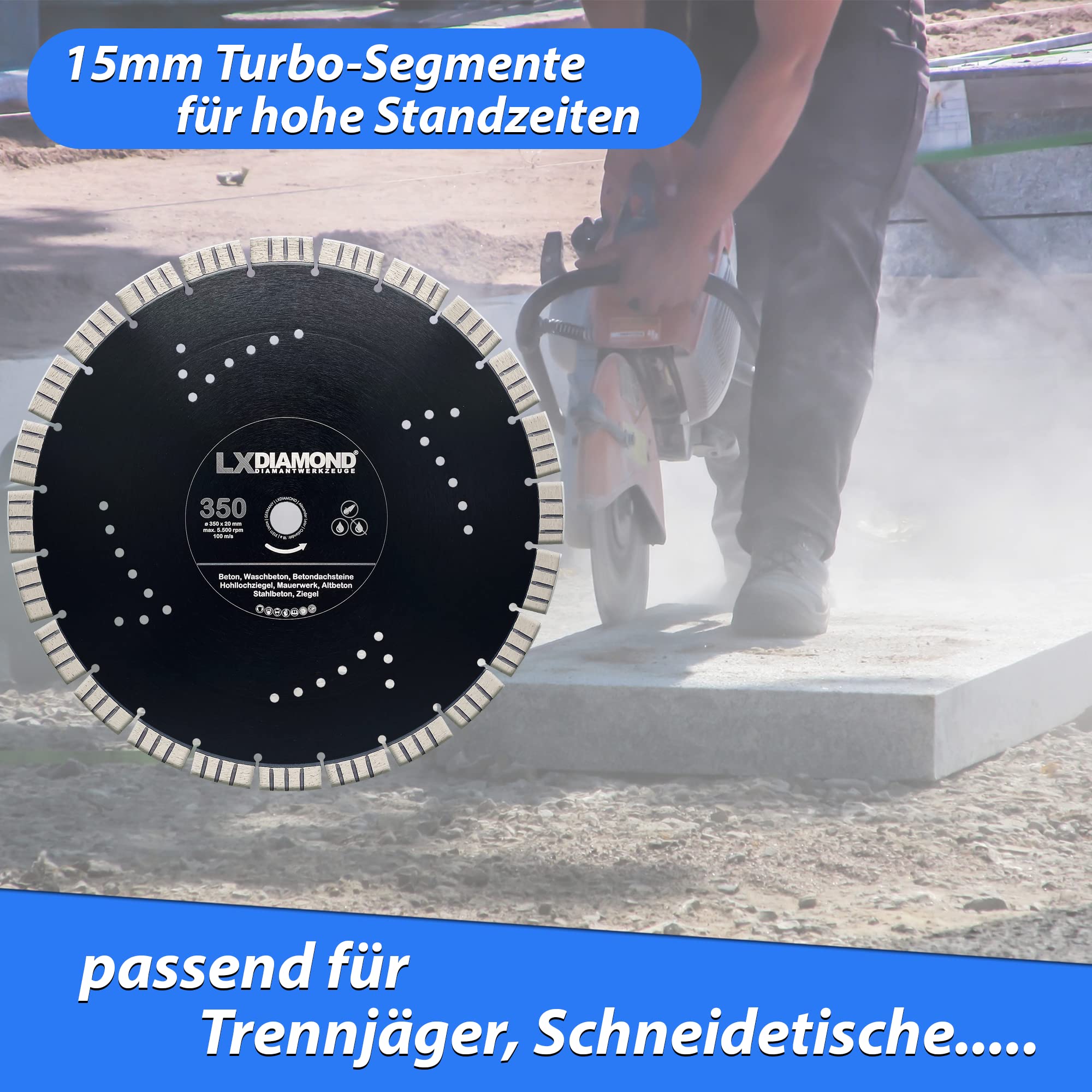 Diamant-Trennscheibe 350mm x 20,0mm Premium 15mm Segmente passend für Beton Stahlbeton Waschbeton Universal Diamantscheibe für Winkelschleifer Trennjäger 350 mm