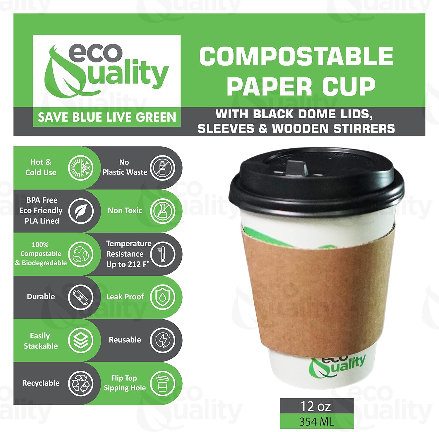 12 oz Compostable Paper Cups with Black Dome Lids, Sleeves and Wooden Stirrers - Biodegradable Disposable White Paper Coffee Cups PLA Lined - Eco-friendly Hot and Cold Drinking Cups (25)