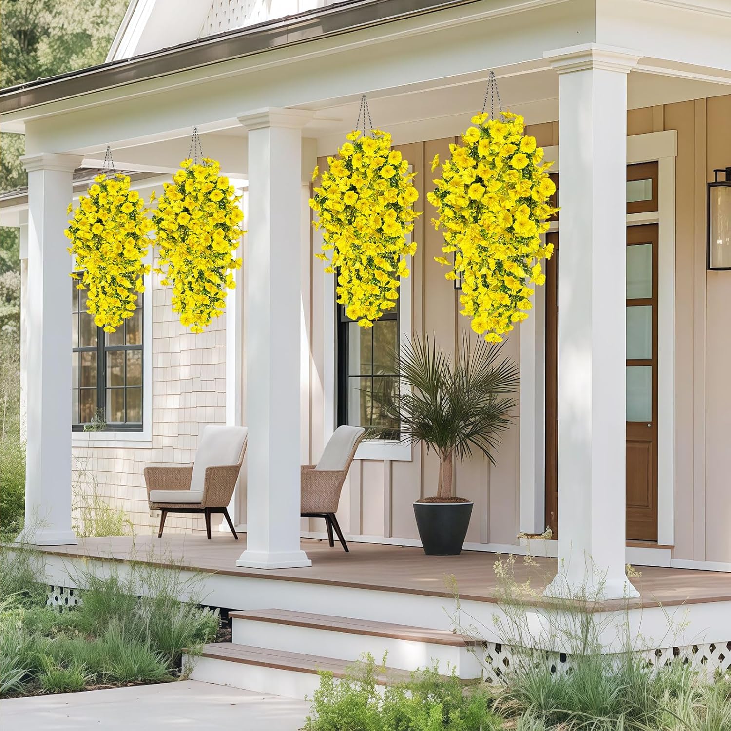 ICX 4PCS Artificial Hanging Flowers for Outdoors,Silk Morning Glory UV Resistant Fake Hanging Flowers,Artificial Flowers for Decoration,Outdoor Faux Plants for Door Porch Patio Planter Yard (Yellow) - Image 6
