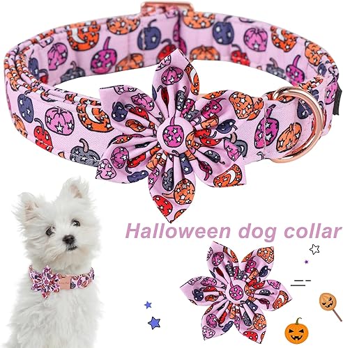Miniatura 3 de ARING PET Collar de perro de Halloween, lindo collar de calabaza rosa con flor, ajustable de algodón con lámpara de calabaza de Halloween, collar de