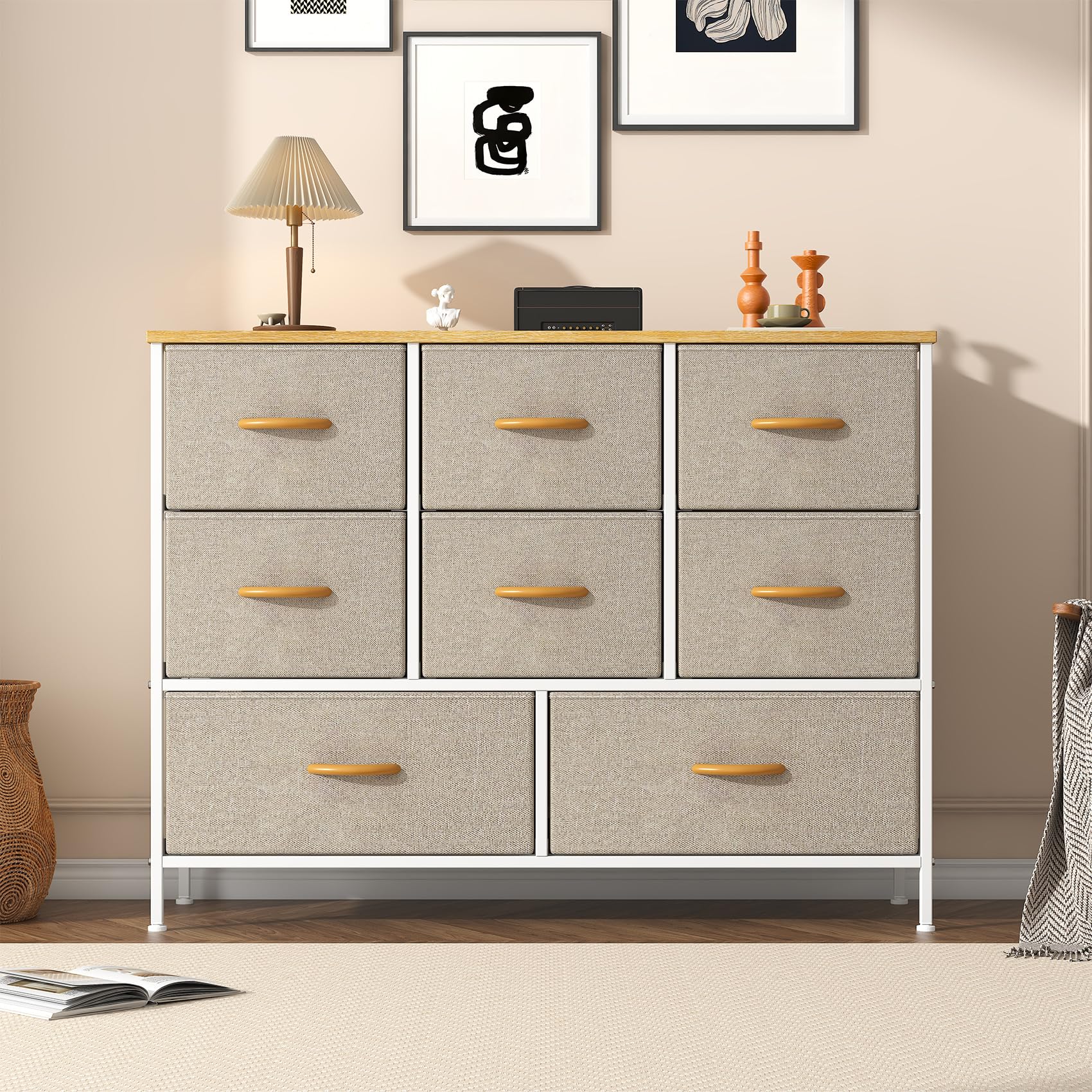 Feonase Chest of Drawers,Bedroom Dresser with 8 Fabric Drawers, Metal Frame & MDF Wood Top, Adjustable Feet, Storage Organizer Unit for Bedroom, Closet, Living Room, Office Hallway, Khaki