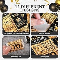 Vista 4 de Tenare 180 calcomanías de cumpleaños número 70, color negro y dorado con texto en inglés "Cheers to 70" (Cheers to 70 años), para fiestas