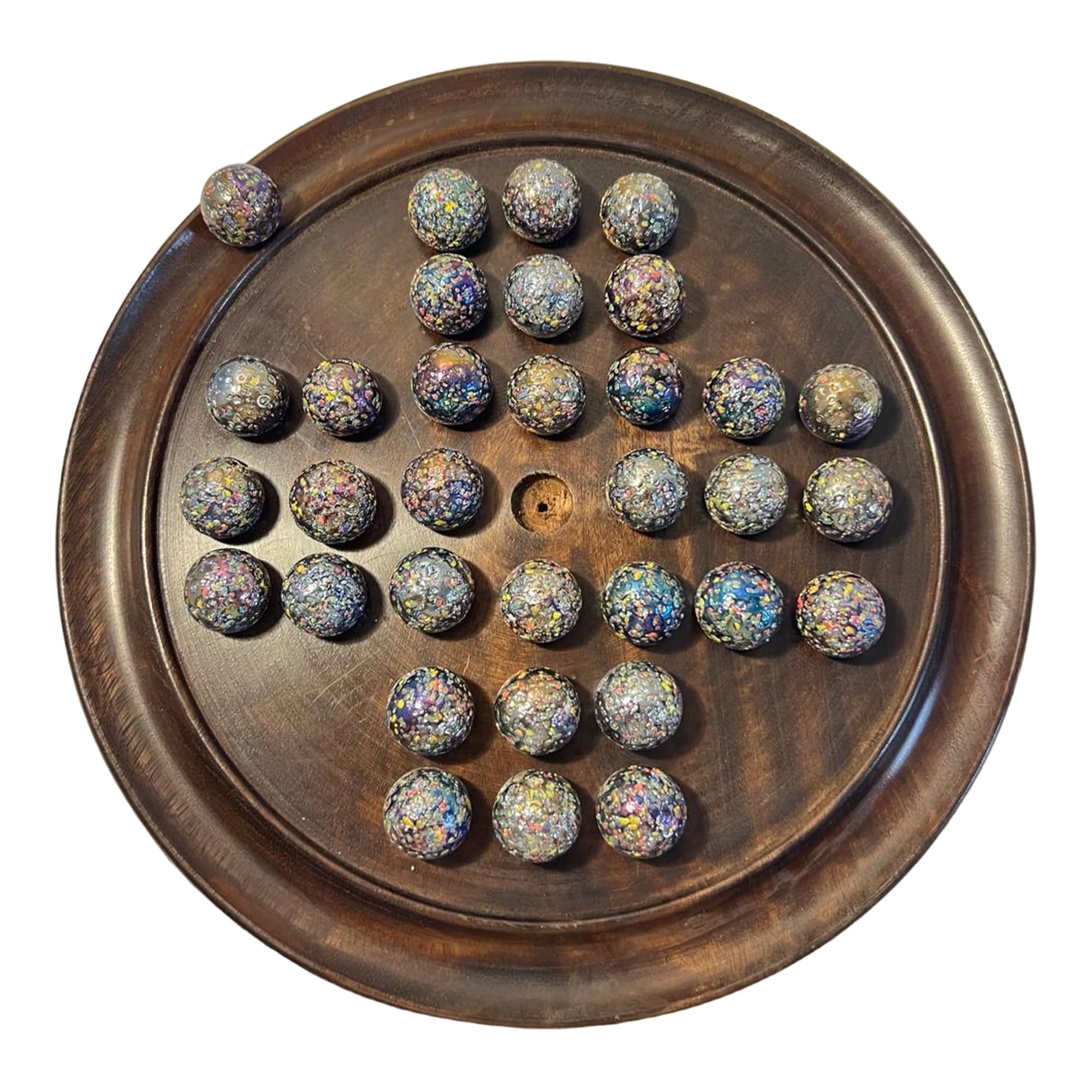 Jeu de société solitaire en bois de 30 cm de diamètre avec billes de verre à paillettes | jeu de solitaire classique en bois | jeu de société de stratégie | jeu de société familial | jeux pour une