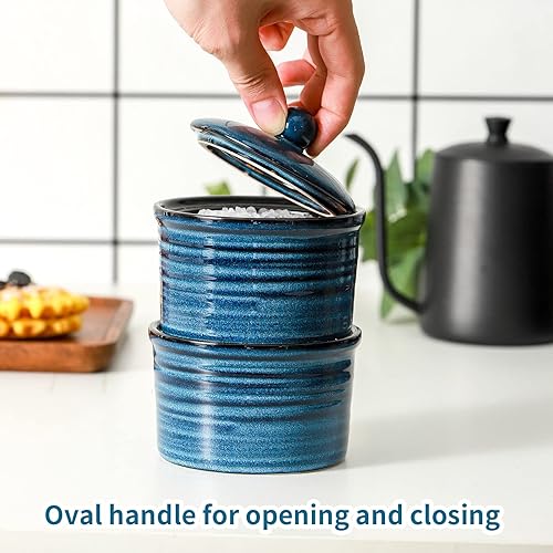 Miniatura 7 de Hasense Salero de cerámica con tapa, cuencos de sal y pimienta de 9 onzas, caja de sal apilable para encimera de cocina, decoración de cocina azul