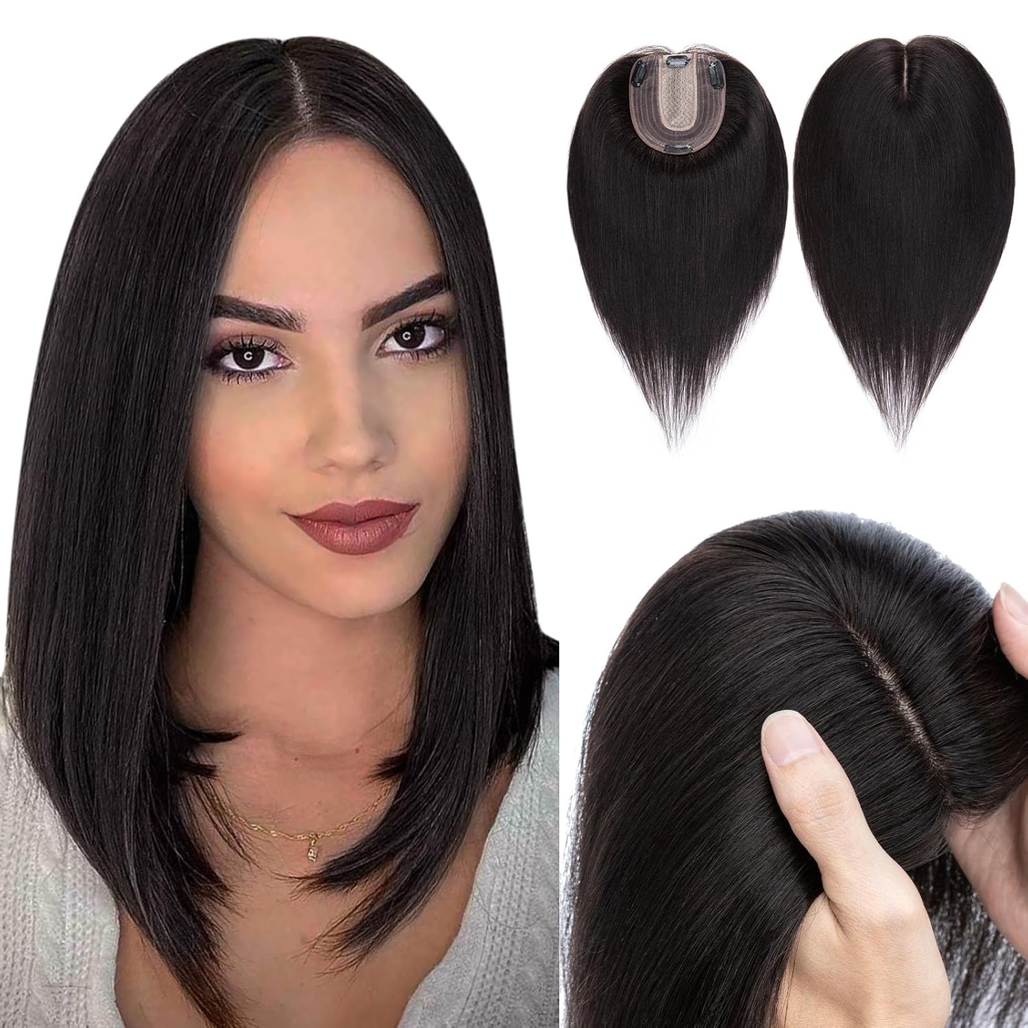 Hairro Human Hair Topper, Clips in 100% Real Hairpieces with 4"x 4.7" Silk Base for Women, for High Hairline/Covering Greyish Thin Hair on Top, 6 Inch Blondish Grey Mix Silver