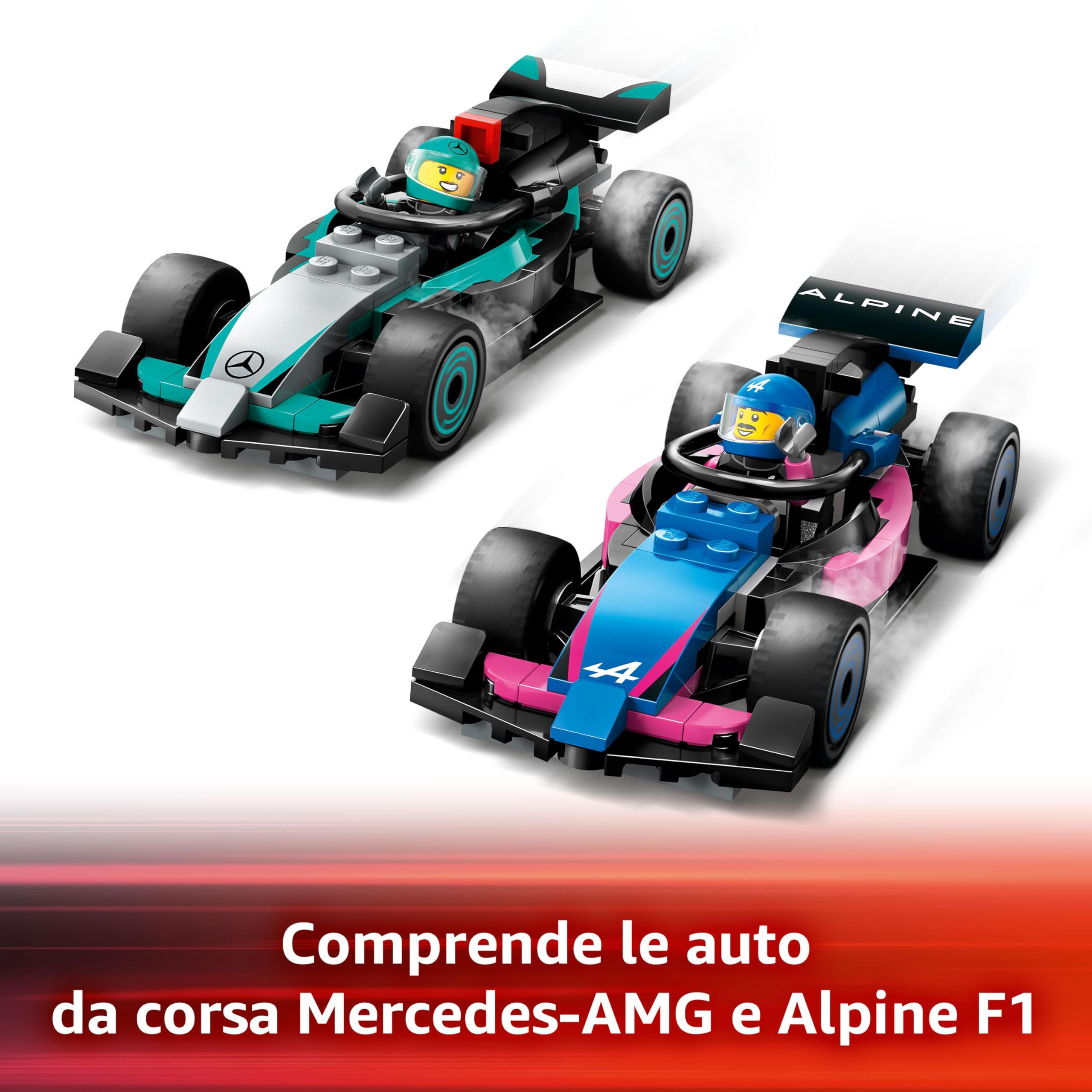 LEGO City Garage con Monoposto Mercedes-AMG e Alpine F1, Auto da Corsa Giocattolo con 2 Minifigure di Piloti e 4 Meccanici, Regalo per Bambini e Adulti Fan delle Macchine Giocattolo da Formula 1 60444